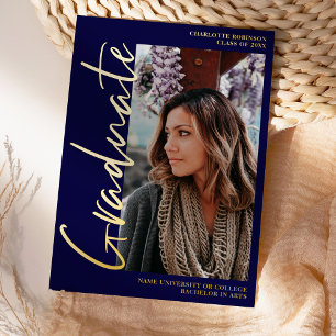 Invitation En Aluminium Script marine or diplômé 4 photos graduation