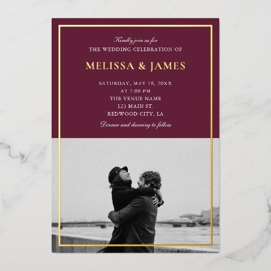 Invitation En Aluminium Script minimal élégant Photo Marsala Mariage (Recto)