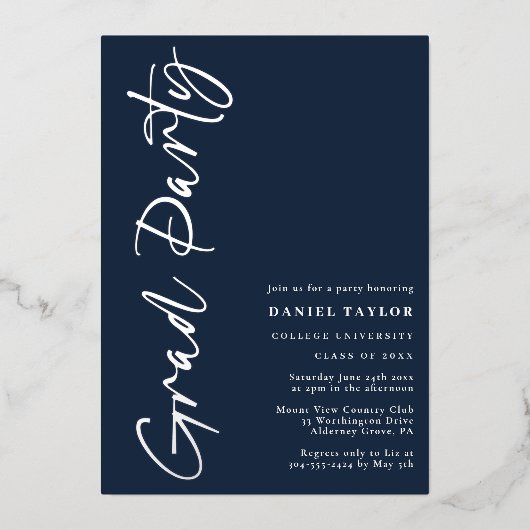 Invitation En Aluminium Script minimal moderne Blue Silver Graduation Part (Recto)