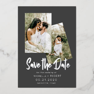 Invitation En Aluminium script minimaliste deux Photo Enregistrer la date 
