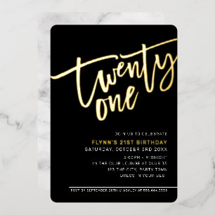 Invitation En Aluminium SCRIPT MODERNE 21e anniversaire fête noir blanc