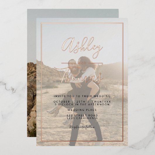 Invitation En Aluminium Script moderne 2 photos mariage cadre géométrique (Recto/Verso)