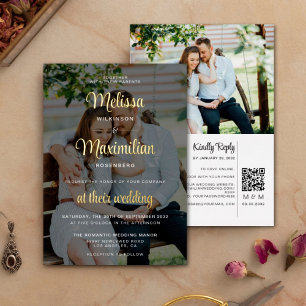 Invitation En Aluminium Script moderne 2 photos noir QR Code en ligne RSVP