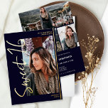 Invitation En Aluminium Script moderne 4 photos noir Sweet 16 or<br><div class="desc">Script moderne 4 photos noir Sweet 16 feuille d'or invitation anniversaire fête. Ajoutez 4 de vos photos préférées avec une police de style brossé moderne et un collage de grille photo.</div>