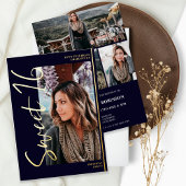 Invitation En Aluminium Script moderne 4 photos noir Sweet 16 or