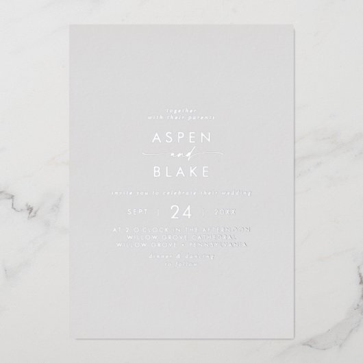 Invitation En Aluminium Script moderne à huile d'argent | Mariage Décontra (Recto)