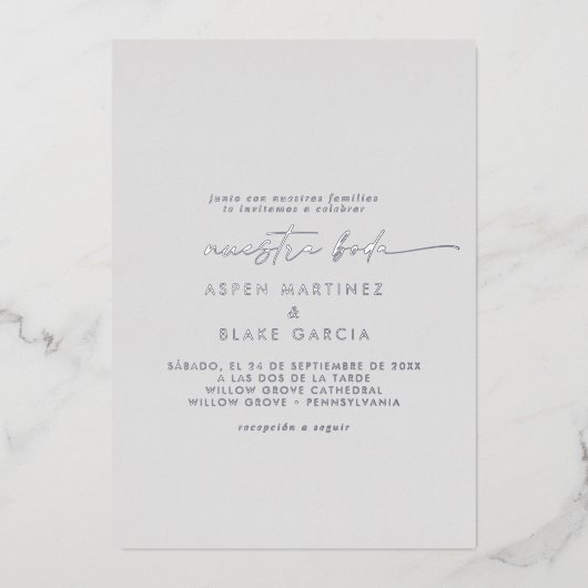 Invitation En Aluminium Script moderne à huile d'argent | Mariage espagnol (Recto)