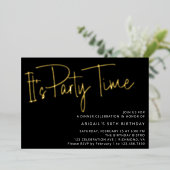 Invitation En Aluminium Script moderne Black Gold Anniversaire Fête Heure (Debout devant)