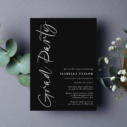 Invitation En Aluminium Script moderne Black Silver Graduation Party