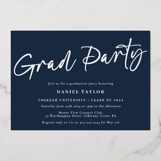 Invitation En Aluminium Script moderne Blue Silver Graduation Party (Recto)