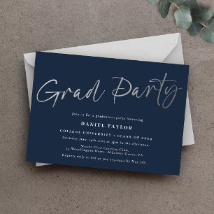 Invitation En Aluminium Script moderne Blue Silver Graduation Party