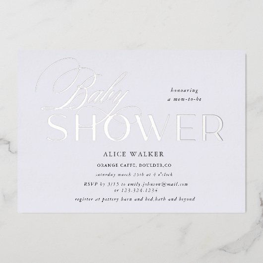 Invitation En Aluminium script moderne élégante baby shower feuille invita (Recto)