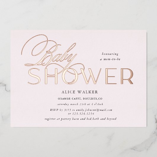 Invitation En Aluminium script moderne élégante baby shower feuille invita (Recto)