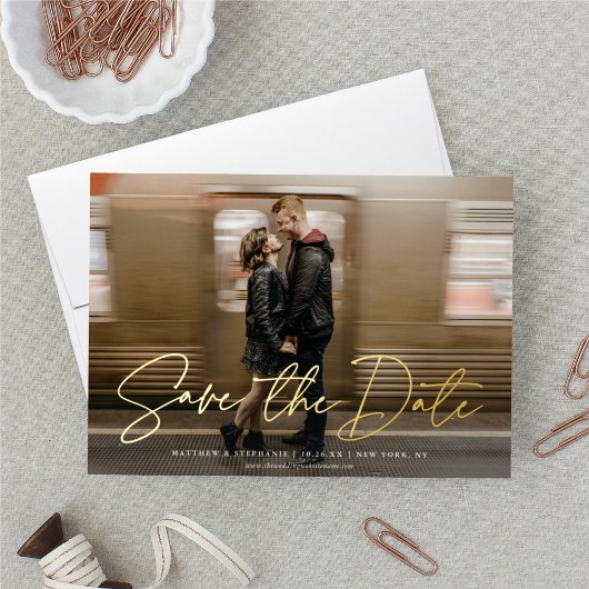 Invitation En Aluminium Script moderne ENREGISTRER LA DATE Photo REAL