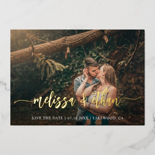 Invitation En Aluminium Script moderne mariage photo Enregistrer la date (Recto)