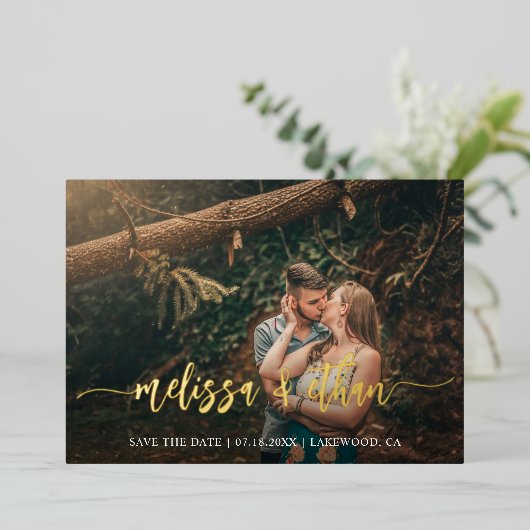 Invitation En Aluminium Script moderne mariage photo Enregistrer la date (Debout devant)