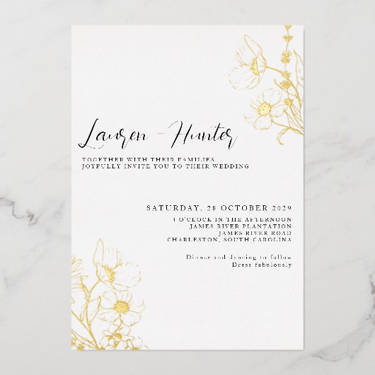 Invitation En Aluminium Script moderne Noir Blanc Floral Mariage Or (Recto)