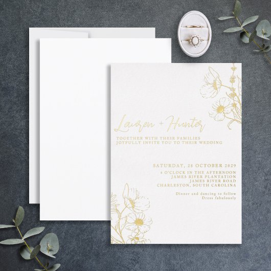 Invitation En Aluminium Script moderne Noir Blanc Floral Mariage Or