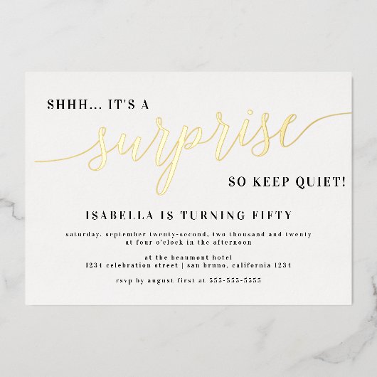 Invitation En Aluminium Script moderne or élégant Surprise Anniversaire (Recto)