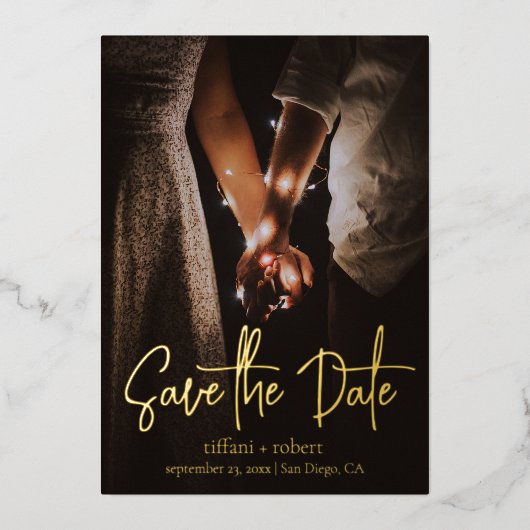 Invitation En Aluminium Script moderne photo personnalisée Enregistrer la (Recto)