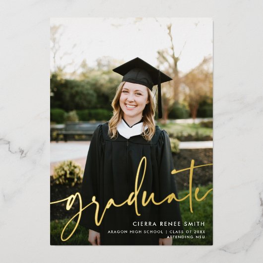 Invitation En Aluminium Script moderne Plein-Bleed Photo Graduation VRAI (Recto)