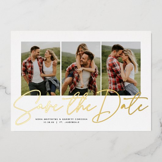 Invitation En Aluminium Script moderne tendance trois photo enregistrer la (Recto)