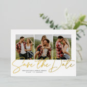Invitation En Aluminium Script moderne tendance trois photo enregistrer la (Debout devant)