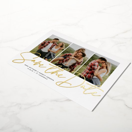 Invitation En Aluminium Script moderne tendance trois photo enregistrer la (Rotation)