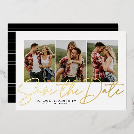 Invitation En Aluminium Script moderne tendance trois photo enregistrer la (Recto/Verso)