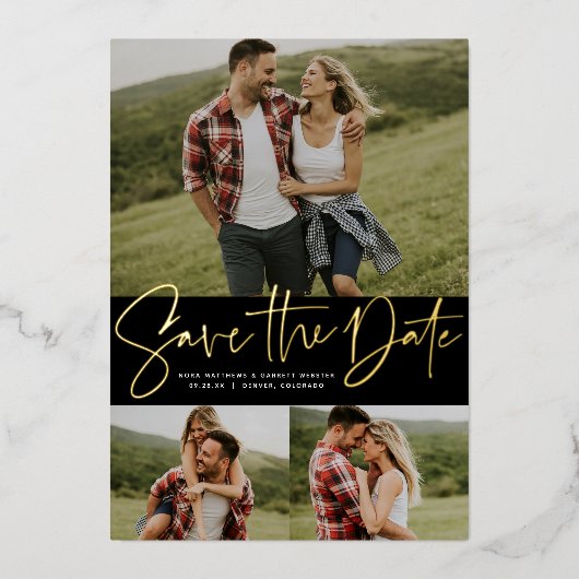 Invitation En Aluminium Script moderne tendance trois photo enregistrer la (Recto)