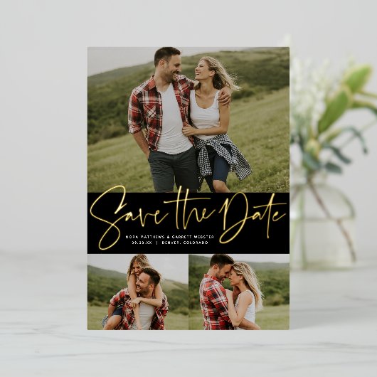 Invitation En Aluminium Script moderne tendance trois photo enregistrer la (Debout devant)