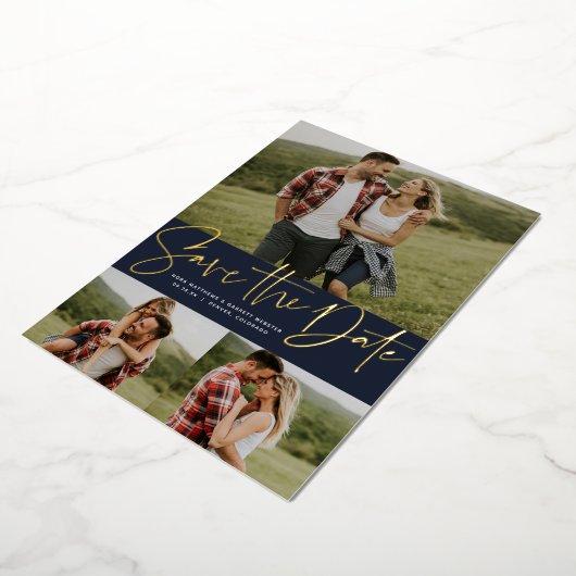 Invitation En Aluminium Script moderne trois photo marine enregistrer la d (Rotation)