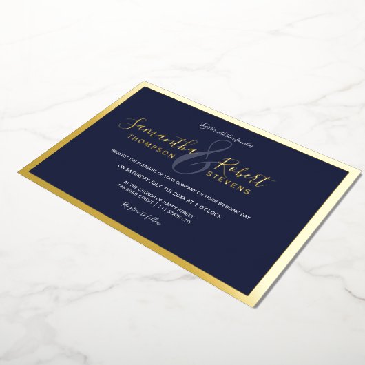 Invitation En Aluminium Script or bordure marine bleu photo mariage (Rotation)