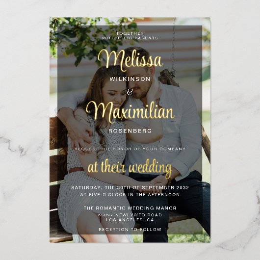 Invitation En Aluminium Script or moderne 2 photos mariage noir superposit (Recto)