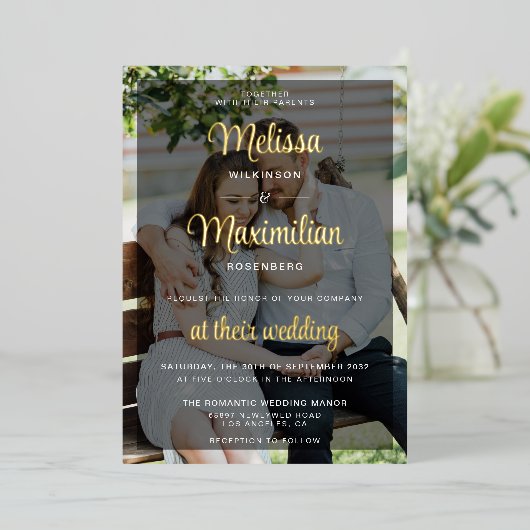 Invitation En Aluminium Script or moderne 2 photos mariage noir superposit (Debout devant)