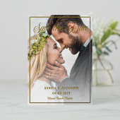 Invitation En Aluminium Script photo Enregistrer la date (Debout devant)