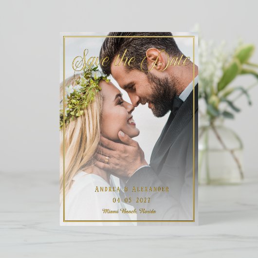 Invitation En Aluminium Script photo Enregistrer la date (Debout devant)