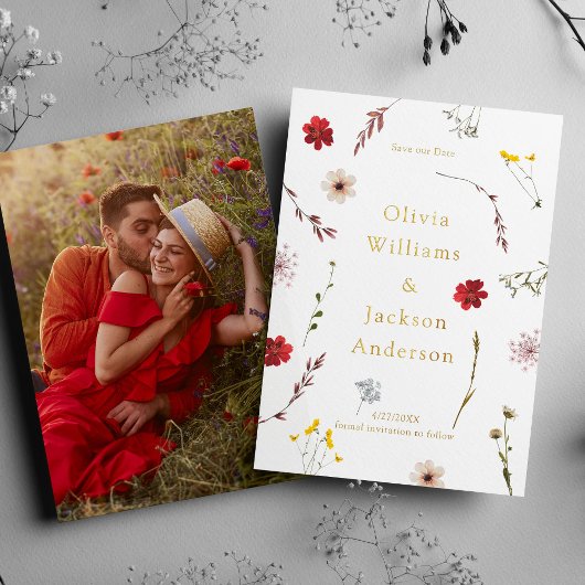 Invitation En Aluminium Script Photo Fleur sauvage Romantique Enregistrer