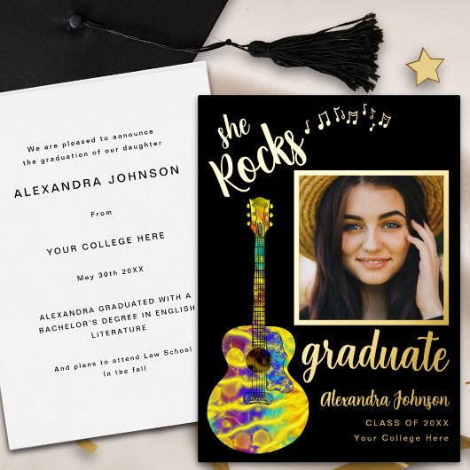 Invitation En Aluminium Script photo moderne amusant Gradué noir et or
