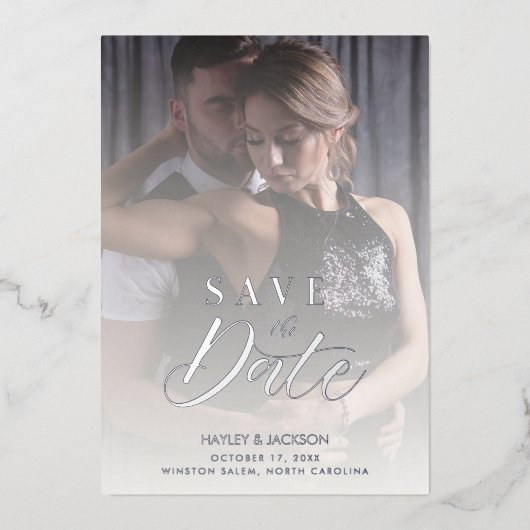 Invitation En Aluminium Script photo personnalisé Mariage de transparence  (Recto)