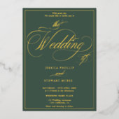 Invitation En Aluminium Script photo vert bordure mariage or (Recto)