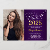 Invitation En Aluminium Script Purple 2025 Photo Graduation Party Gold (Recto)