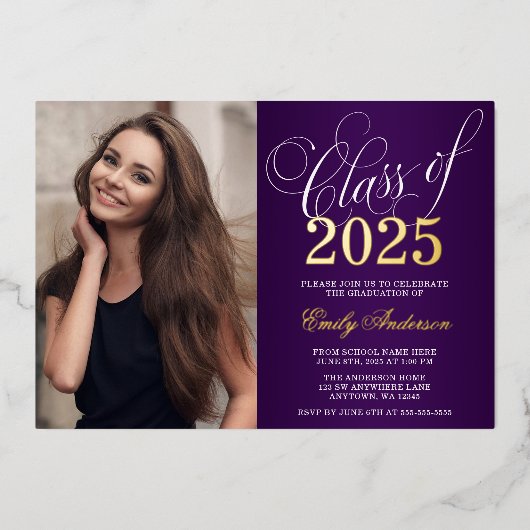Invitation En Aluminium Script Purple 2025 Photo Graduation Party Gold (Recto)