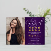 Invitation En Aluminium Script Purple 2025 Photo Graduation Party Gold (Debout devant)