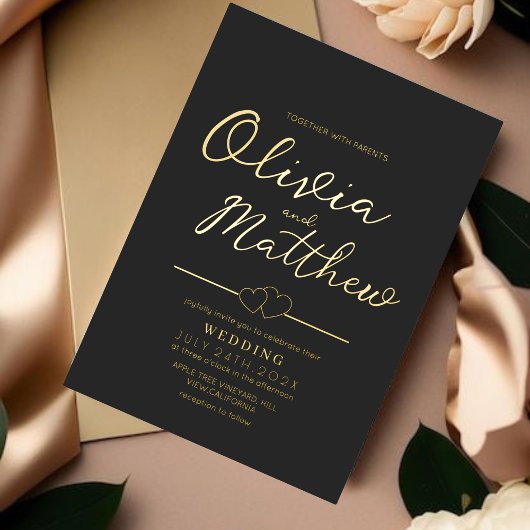 Invitation En Aluminium Script romantique moderne Foil Gold et Mariage noi