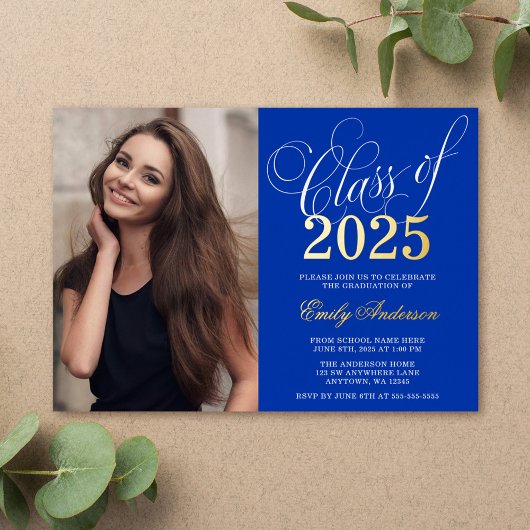 Invitation En Aluminium Script Royal Blue 2025 Photo Graduation Party Gold