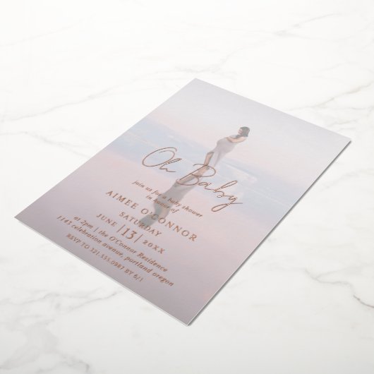 Invitation En Aluminium Script rustique Photo Oh Baby shower Rose Or (Rotation)
