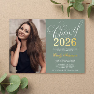 Invitation En Aluminium Script Sage Green 2025 Photo Graduation Party Gold