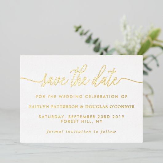 Invitation En Aluminium Script Simple Enregistrer La Date Réelle (Debout devant)