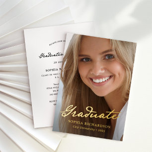 Invitation En Aluminium Script Whimsical   Chic Photo Graduation Gold